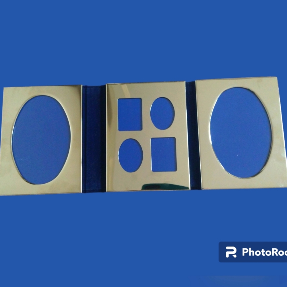 Trifold Silver Tone Picture Frame Blue Plush Wedding Office Family Photo‎ Desk